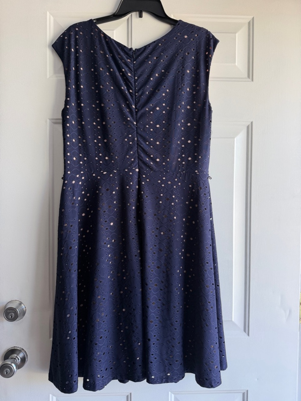 Navy Eyelet A-Line Dress with Nude Underlay - Picture 7 of 8